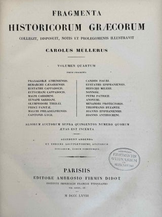 Fragmenta Historicorum Graecorum. Vol. I-V. Apollodori bibliotheca, [with:] Letronne, Inscription Grecque de Rosette, in vol. I. and Langlois, Collection des historiens anciens et modernes de l'Arm&eacute;nie, in vol. V. (complete set)