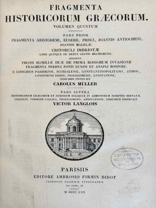 Fragmenta Historicorum Graecorum. Vol. I-V. Apollodori bibliotheca, [with:] Letronne, Inscription Grecque de Rosette, in vol. I. and Langlois, Collection des historiens anciens et modernes de l'Arm&eacute;nie, in vol. V. (complete set)