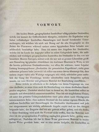 Die geographischen Inschriften Altägyptischen Denkmäler. Band I: Die Geographie des Alten Ägypten. Band II: Die Geographie der Nachbarländer Ägyptens. Band III: Die Geographie der Ägypter aus den Zeiten der Ptolemäer und Römer (complete set). Nach den altägyptischen Denkmälern. Zum ersten Male zusammengestellt und verglichen mit den geographischen Angaben der heiligen Schrift und der griechischen, römischen, koptischen und arabischen Schriftsteller.
