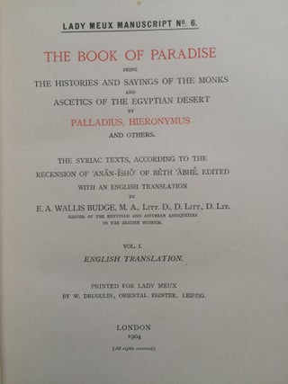The Book of Paradise. Vol. I: English translation. Vol. II: English translation, index and Syriac text (complete set)[newline]M0271-02.jpg