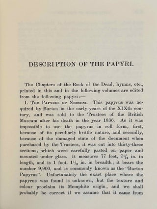 The Chapters of Coming Forth by Day. Or the Theban Recension of the Book of the Dead. The Egyptian Hieroglyphic Text edited from Numerous Papyri. Vol. I: Chapters I-LXIV. Vol. II: Chapters LXV-CLII. Vol. III: Chapters CLIII-CXC and Appendices (complete set)[newline]M0278g-04.jpeg