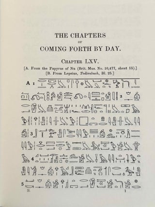 The Chapters of Coming Forth by Day. Or the Theban Recension of the Book of the Dead. The Egyptian Hieroglyphic Text edited from Numerous Papyri. Vol. I: Chapters I-LXIV. Vol. II: Chapters LXV-CLII. Vol. III: Chapters CLIII-CXC and Appendices (complete set)[newline]M0278g-07.jpeg