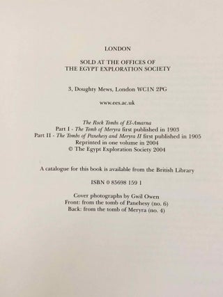 The rock tombs of Tell el-Amarna. Complete set of 6 volumes. Part I: The Tomb of Meryra. Part II: The Tombs of Panehesy and Meryra II. Part III: The Tombs of Huya and Ahmes. Part IV: Tombs of Penthu, Mahu, and Others. Part V: Smaller Tombs and Boundary Stelae. Part VI: Tombs of Parennefer, Tutu, and A&yuml; (complete set of 6 parts in 3 volumes, 2004 reedition)[newline]M0410n-02.jpeg