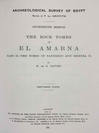 The rock tombs of Tell el-Amarna. Complete set of 6 volumes. Part I: The Tomb of Meryra. Part II: The Tombs of Panehesy and Meryra II. Part III: The Tombs of Huya and Ahmes. Part IV: Tombs of Penthu, Mahu, and Others. Part V: Smaller Tombs and Boundary Stelae. Part VI: Tombs of Parennefer, Tutu, and A&yuml; (complete set of 6 parts in 3 volumes, 2004 reedition)[newline]M0410n-10.jpeg