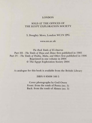 The rock tombs of Tell el-Amarna. Complete set of 6 volumes. Part I: The Tomb of Meryra. Part II: The Tombs of Panehesy and Meryra II. Part III: The Tombs of Huya and Ahmes. Part IV: Tombs of Penthu, Mahu, and Others. Part V: Smaller Tombs and Boundary Stelae. Part VI: Tombs of Parennefer, Tutu, and A&yuml; (complete set of 6 parts in 3 volumes, 2004 reedition)[newline]M0410n-17.jpeg