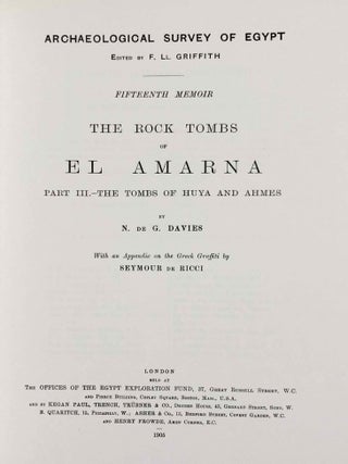 The rock tombs of Tell el-Amarna. Complete set of 6 volumes. Part I: The Tomb of Meryra. Part II: The Tombs of Panehesy and Meryra II. Part III: The Tombs of Huya and Ahmes. Part IV: Tombs of Penthu, Mahu, and Others. Part V: Smaller Tombs and Boundary Stelae. Part VI: Tombs of Parennefer, Tutu, and A&yuml; (complete set of 6 parts in 3 volumes, 2004 reedition)[newline]M0410n-18.jpeg