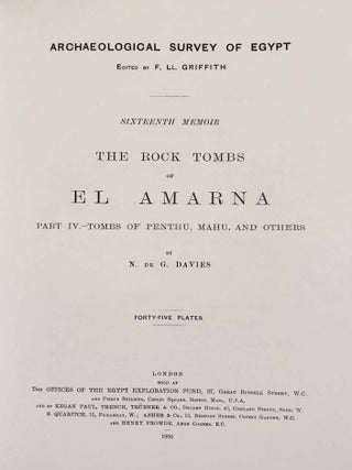 The rock tombs of Tell el-Amarna. Complete set of 6 volumes. Part I: The Tomb of Meryra. Part II: The Tombs of Panehesy and Meryra II. Part III: The Tombs of Huya and Ahmes. Part IV: Tombs of Penthu, Mahu, and Others. Part V: Smaller Tombs and Boundary Stelae. Part VI: Tombs of Parennefer, Tutu, and A&yuml; (complete set of 6 parts in 3 volumes, 2004 reedition)[newline]M0410n-23.jpeg