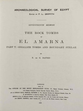 The rock tombs of Tell el-Amarna. Complete set of 6 volumes. Part I: The Tomb of Meryra. Part II: The Tombs of Panehesy and Meryra II. Part III: The Tombs of Huya and Ahmes. Part IV: Tombs of Penthu, Mahu, and Others. Part V: Smaller Tombs and Boundary Stelae. Part VI: Tombs of Parennefer, Tutu, and A&yuml; (complete set of 6 parts in 3 volumes, 2004 reedition)[newline]M0410n-31.jpeg