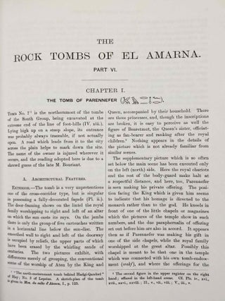 The rock tombs of Tell el-Amarna. Complete set of 6 volumes. Part I: The Tomb of Meryra. Part II: The Tombs of Panehesy and Meryra II. Part III: The Tombs of Huya and Ahmes. Part IV: Tombs of Penthu, Mahu, and Others. Part V: Smaller Tombs and Boundary Stelae. Part VI: Tombs of Parennefer, Tutu, and A&yuml; (complete set of 6 parts in 3 volumes, 2004 reedition)[newline]M0410n-40.jpeg
