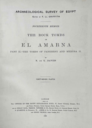 The rock tombs of Tell el-Amarna. Complete set of 6 volumes in the FIRST EDITION. Part I: The Tomb of Meryra. Part II: The Tombs of Panehesy and Meryra II. Part III: The Tombs of Huya and Ahmes. Part IV: Tombs of Penthu, Mahu, and Others. Part V: Smaller Tombs and Boundary Stelae. Part VI: Tombs of Parennefer, Tutu, and Aÿ (complete set)[newline]M0410w-10.jpeg