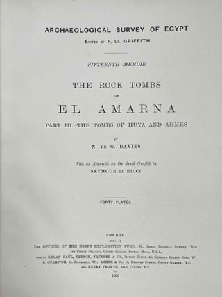 The rock tombs of Tell el-Amarna. Complete set of 6 volumes in the FIRST EDITION. Part I: The Tomb of Meryra. Part II: The Tombs of Panehesy and Meryra II. Part III: The Tombs of Huya and Ahmes. Part IV: Tombs of Penthu, Mahu, and Others. Part V: Smaller Tombs and Boundary Stelae. Part VI: Tombs of Parennefer, Tutu, and Aÿ (complete set)[newline]M0410w-19.jpeg