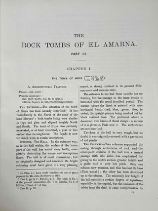 The rock tombs of Tell el-Amarna. Complete set of 6 volumes in the FIRST EDITION. Part I: The Tomb of Meryra. Part II: The Tombs of Panehesy and Meryra II. Part III: The Tombs of Huya and Ahmes. Part IV: Tombs of Penthu, Mahu, and Others. Part V: Smaller Tombs and Boundary Stelae. Part VI: Tombs of Parennefer, Tutu, and Aÿ (complete set)[newline]M0410w-21.jpeg
