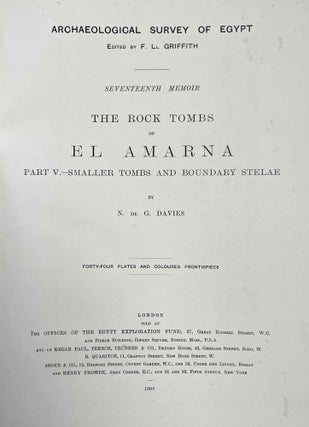 The rock tombs of Tell el-Amarna. Complete set of 6 volumes in the FIRST EDITION. Part I: The Tomb of Meryra. Part II: The Tombs of Panehesy and Meryra II. Part III: The Tombs of Huya and Ahmes. Part IV: Tombs of Penthu, Mahu, and Others. Part V: Smaller Tombs and Boundary Stelae. Part VI: Tombs of Parennefer, Tutu, and Aÿ (complete set)[newline]M0410w-35.jpeg
