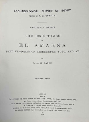 The rock tombs of Tell el-Amarna. Complete set of 6 volumes in the FIRST EDITION. Part I: The Tomb of Meryra. Part II: The Tombs of Panehesy and Meryra II. Part III: The Tombs of Huya and Ahmes. Part IV: Tombs of Penthu, Mahu, and Others. Part V: Smaller Tombs and Boundary Stelae. Part VI: Tombs of Parennefer, Tutu, and Aÿ (complete set)[newline]M0410w-44.jpeg