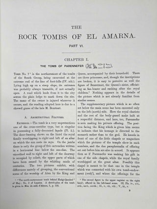 The rock tombs of Tell el-Amarna. Complete set of 6 volumes in the FIRST EDITION. Part I: The Tomb of Meryra. Part II: The Tombs of Panehesy and Meryra II. Part III: The Tombs of Huya and Ahmes. Part IV: Tombs of Penthu, Mahu, and Others. Part V: Smaller Tombs and Boundary Stelae. Part VI: Tombs of Parennefer, Tutu, and Aÿ (complete set)[newline]M0410w-46.jpeg