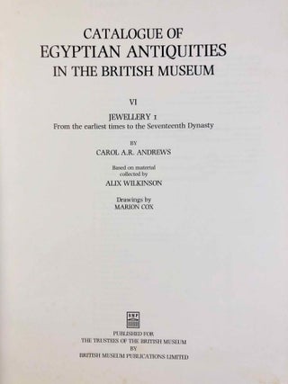 Set of 6 volumes. Catalogue of Egyptian Antiquities in the British Museum. Vol. I: Mummies and Human Remains. Vol. II: Wooden Model Boats. Vol. III: Musical Instruments. Vol. IV: Glass. Vol. V: Early Dynastic Objects. Vol. VI: Jewellery Part I. From the Earliest Times to the 17th Dynasty[newline]M0444b-57.jpg
