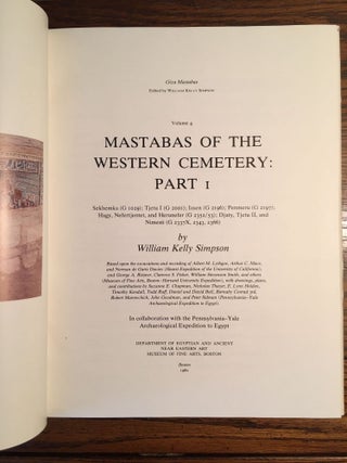Boston MFA Giza Mastaba Series, Vol. 1-8. 1-D. Dunham, W.K. Simpson, The Mastaba of Queen Mersyankh III. 2-D. Dunham, W.K. Simpon, The Mastabas of Qar and Idu. 3-W.K. Simpson, The Mastabas of Kawab, Khafkhufu I and II. G 7110-20, 7130-40, and 7150 and subsidiary mastabas of Street G 7100. 4-W.K. Simpson, Mastabas of the Western Cemetery: Part I. Sekhemka (G1029), Tjetu I (G2001), Iasen (G2196), Penmeru (G2197), Hagy, Nefertjentet and Herunefer (G2352/53), Djaty, Tjetu II and Nimesti (G2337X, 2343, 2366). 5-K. Weeks, Mastabas of cemetery G6000. 6-A.M. Roth, A Cemetery of Palace Attendants. Including G 2084-2099, G 2230+2231, and G 2240. 7-E. Brovarski, The Senedjemib Complex, Part 1, Vols. I-II. 8-P. der Manuelian, Mastabas of Nucleus Cemetery G 2100, Part 1: Major Mastabas G 2100-2220 (complete set)