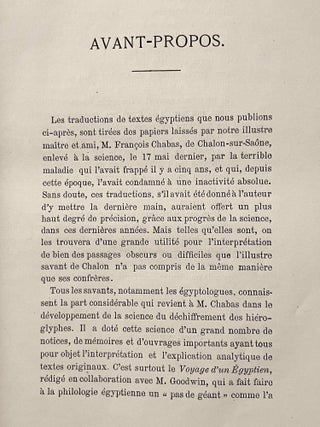 Choix de textes égyptiens. Traductions inédites de François Chabas publiées par P.J. de Horrack, with: Travaux de M. Chabas sur les temps de l'Exode, by Emile Guimet.