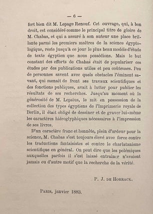 Choix de textes égyptiens. Traductions inédites de François Chabas publiées par P.J. de Horrack, with: Travaux de M. Chabas sur les temps de l'Exode, by Emile Guimet.