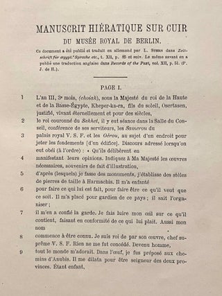 Choix de textes égyptiens. Traductions inédites de François Chabas publiées par P.J. de Horrack, with: Travaux de M. Chabas sur les temps de l'Exode, by Emile Guimet.
