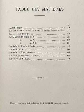 Choix de textes égyptiens. Traductions inédites de François Chabas publiées par P.J. de Horrack, with: Travaux de M. Chabas sur les temps de l'Exode, by Emile Guimet.