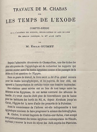 Choix de textes égyptiens. Traductions inédites de François Chabas publiées par P.J. de Horrack, with: Travaux de M. Chabas sur les temps de l'Exode, by Emile Guimet.