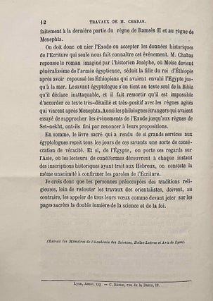 Choix de textes égyptiens. Traductions inédites de François Chabas publiées par P.J. de Horrack, with: Travaux de M. Chabas sur les temps de l'Exode, by Emile Guimet.