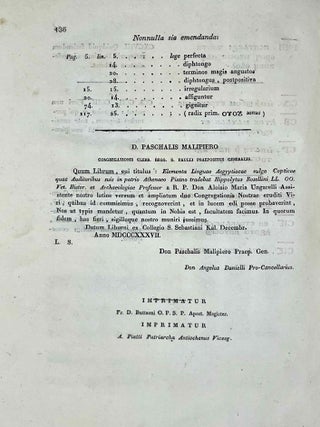 Elementa Linguae Aegyptiacae vulgo copticae quae auditoribus suis in patrio athenaeo pisano tradebat Hippolytus Rosellinius Linguarum Orientalium, veteris historiae et archaeologiae professor.