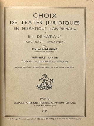 Choix de textes juridiques en hi&eacute;ratique anormal et en d&eacute;motique. Tome I & Tome II: Transcriptions (complete set)[newline]M1030e-02.jpeg