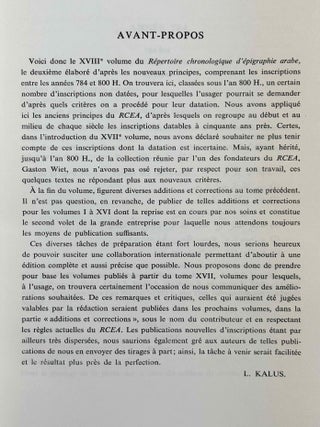 R&eacute;pertoire chronologique d'&eacute;pigraphie arabe. Volume 18 (Ann&eacute;es 784 &agrave; 800 de l'H&eacute;gire).
