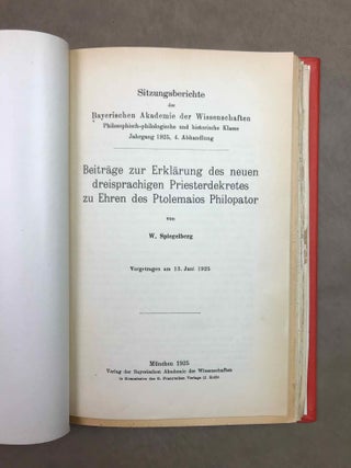 Varia. &Auml;gyptologische Mitteilungen. [with:] Beitr&auml;ge zur Erkl&auml;rung des neuen dreisprachigen Priesterdekretes zu Ehren des Ptolemaios Philopator. [with:] Demotica I. [with:] Demotica II. [with:] Der oder die Sphinx? [with:] Eine neue Urkunde zu der Siegesfeier des Ptolemaios IV und die Frage der &auml;gyptischen Priestersynoden. [with:] Neue Urkunden zum &auml;gyptischen Tierkultus[newline]M11111-04.jpeg
