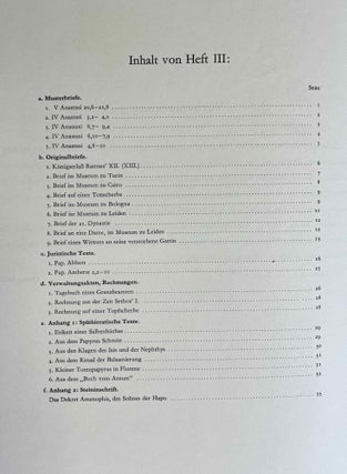Hieratische Lesestücke. Heft I: Alt- und mittelhieratische Texte. Heft II: Literarische Texte des Neuen Reiches. Heft III: Musterbriefe und geschäftliche Texte des Neuen Reiches. Anhänge: Späthieratisches; Steininschrift. (complete set)