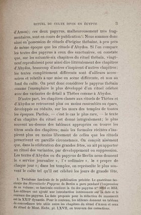 Le rituel du culte divin journalier en Egypte. D'après les papyrus de Berlin et les textes du temple de Séti Ier à Abydos.