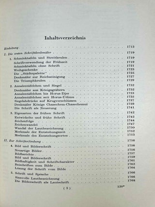 Akademieschriften, 1950-1967. 1) Eine &auml;gyptische Schreibpalette als Rechenbrett. 2) Alt&auml;gyptische Festdaten. 3) Der Denkstein Sethos' I. f&uuml;r die Kapelle Ramses' I. in Abydos. 4) Die Deutung der Geheimnisse des Rituals f&uuml;r die Abwehr des B&ouml;sen. 5) Hieroglyphen - Untersuchungen zum Ursprung der Schrift. 6) Kanais. Der Tempel Sethos I. im Wadi Mia. 7) Die Reinigung Pharaohs in einem memphitischen Tempel (Berlin P 13242). 8) Das sch&ouml;ne Fest vom W&uuml;stentale. Festbr&auml;uche einer Totenstadt. 9) Die Schrift der verborgenen Kammer in K&ouml;nigsgr&auml;bern der 18. Dynastie. (Gliederung, Titel und Vermerke). 10) Zum Kr&ouml;nungstag der K&ouml;nigin Hatscheps&ucirc;t. 11) Zur Kr&ouml;nungstitulatur der Pyramidenzeit. 12) Zum Weltbild der Jenseitsf&uuml;hrer des neuen Reiches.[newline]M11917-19.jpeg