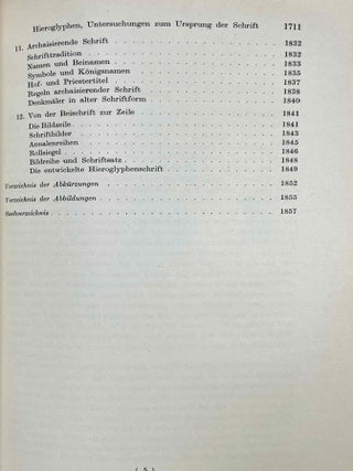 Akademieschriften, 1950-1967. 1) Eine &auml;gyptische Schreibpalette als Rechenbrett. 2) Alt&auml;gyptische Festdaten. 3) Der Denkstein Sethos' I. f&uuml;r die Kapelle Ramses' I. in Abydos. 4) Die Deutung der Geheimnisse des Rituals f&uuml;r die Abwehr des B&ouml;sen. 5) Hieroglyphen - Untersuchungen zum Ursprung der Schrift. 6) Kanais. Der Tempel Sethos I. im Wadi Mia. 7) Die Reinigung Pharaohs in einem memphitischen Tempel (Berlin P 13242). 8) Das sch&ouml;ne Fest vom W&uuml;stentale. Festbr&auml;uche einer Totenstadt. 9) Die Schrift der verborgenen Kammer in K&ouml;nigsgr&auml;bern der 18. Dynastie. (Gliederung, Titel und Vermerke). 10) Zum Kr&ouml;nungstag der K&ouml;nigin Hatscheps&ucirc;t. 11) Zur Kr&ouml;nungstitulatur der Pyramidenzeit. 12) Zum Weltbild der Jenseitsf&uuml;hrer des neuen Reiches.[newline]M11917-21.jpeg