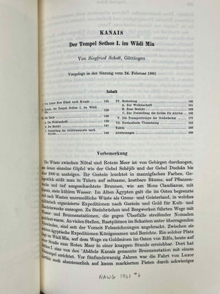 Akademieschriften, 1950-1967. 1) Eine &auml;gyptische Schreibpalette als Rechenbrett. 2) Alt&auml;gyptische Festdaten. 3) Der Denkstein Sethos' I. f&uuml;r die Kapelle Ramses' I. in Abydos. 4) Die Deutung der Geheimnisse des Rituals f&uuml;r die Abwehr des B&ouml;sen. 5) Hieroglyphen - Untersuchungen zum Ursprung der Schrift. 6) Kanais. Der Tempel Sethos I. im Wadi Mia. 7) Die Reinigung Pharaohs in einem memphitischen Tempel (Berlin P 13242). 8) Das sch&ouml;ne Fest vom W&uuml;stentale. Festbr&auml;uche einer Totenstadt. 9) Die Schrift der verborgenen Kammer in K&ouml;nigsgr&auml;bern der 18. Dynastie. (Gliederung, Titel und Vermerke). 10) Zum Kr&ouml;nungstag der K&ouml;nigin Hatscheps&ucirc;t. 11) Zur Kr&ouml;nungstitulatur der Pyramidenzeit. 12) Zum Weltbild der Jenseitsf&uuml;hrer des neuen Reiches.[newline]M11917-24.jpeg