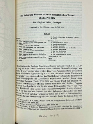 Akademieschriften, 1950-1967. 1) Eine &auml;gyptische Schreibpalette als Rechenbrett. 2) Alt&auml;gyptische Festdaten. 3) Der Denkstein Sethos' I. f&uuml;r die Kapelle Ramses' I. in Abydos. 4) Die Deutung der Geheimnisse des Rituals f&uuml;r die Abwehr des B&ouml;sen. 5) Hieroglyphen - Untersuchungen zum Ursprung der Schrift. 6) Kanais. Der Tempel Sethos I. im Wadi Mia. 7) Die Reinigung Pharaohs in einem memphitischen Tempel (Berlin P 13242). 8) Das sch&ouml;ne Fest vom W&uuml;stentale. Festbr&auml;uche einer Totenstadt. 9) Die Schrift der verborgenen Kammer in K&ouml;nigsgr&auml;bern der 18. Dynastie. (Gliederung, Titel und Vermerke). 10) Zum Kr&ouml;nungstag der K&ouml;nigin Hatscheps&ucirc;t. 11) Zur Kr&ouml;nungstitulatur der Pyramidenzeit. 12) Zum Weltbild der Jenseitsf&uuml;hrer des neuen Reiches.[newline]M11917-26.jpeg