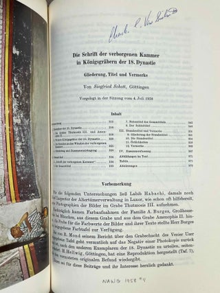 Akademieschriften, 1950-1967. 1) Eine &auml;gyptische Schreibpalette als Rechenbrett. 2) Alt&auml;gyptische Festdaten. 3) Der Denkstein Sethos' I. f&uuml;r die Kapelle Ramses' I. in Abydos. 4) Die Deutung der Geheimnisse des Rituals f&uuml;r die Abwehr des B&ouml;sen. 5) Hieroglyphen - Untersuchungen zum Ursprung der Schrift. 6) Kanais. Der Tempel Sethos I. im Wadi Mia. 7) Die Reinigung Pharaohs in einem memphitischen Tempel (Berlin P 13242). 8) Das sch&ouml;ne Fest vom W&uuml;stentale. Festbr&auml;uche einer Totenstadt. 9) Die Schrift der verborgenen Kammer in K&ouml;nigsgr&auml;bern der 18. Dynastie. (Gliederung, Titel und Vermerke). 10) Zum Kr&ouml;nungstag der K&ouml;nigin Hatscheps&ucirc;t. 11) Zur Kr&ouml;nungstitulatur der Pyramidenzeit. 12) Zum Weltbild der Jenseitsf&uuml;hrer des neuen Reiches.[newline]M11917-32.jpeg