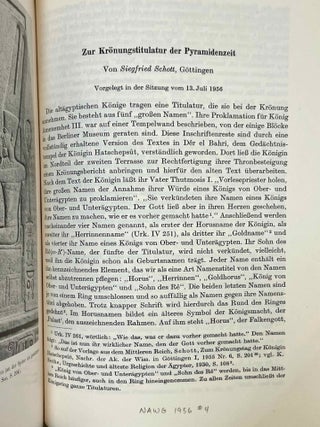Akademieschriften, 1950-1967. 1) Eine &auml;gyptische Schreibpalette als Rechenbrett. 2) Alt&auml;gyptische Festdaten. 3) Der Denkstein Sethos' I. f&uuml;r die Kapelle Ramses' I. in Abydos. 4) Die Deutung der Geheimnisse des Rituals f&uuml;r die Abwehr des B&ouml;sen. 5) Hieroglyphen - Untersuchungen zum Ursprung der Schrift. 6) Kanais. Der Tempel Sethos I. im Wadi Mia. 7) Die Reinigung Pharaohs in einem memphitischen Tempel (Berlin P 13242). 8) Das sch&ouml;ne Fest vom W&uuml;stentale. Festbr&auml;uche einer Totenstadt. 9) Die Schrift der verborgenen Kammer in K&ouml;nigsgr&auml;bern der 18. Dynastie. (Gliederung, Titel und Vermerke). 10) Zum Kr&ouml;nungstag der K&ouml;nigin Hatscheps&ucirc;t. 11) Zur Kr&ouml;nungstitulatur der Pyramidenzeit. 12) Zum Weltbild der Jenseitsf&uuml;hrer des neuen Reiches.[newline]M11917-36.jpeg