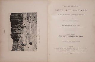 Deir el-Bahari, complete set of 7 volumes: Introduction volume: its plan, its founders and its first explorers. Part I (Pl. I-XXIV): The North-Western end of the upper platform. Part II (Pl. XXV-LV): The ebony shrine. Northern half of the middle platform. Part III (Pl. LVI-LXXXVI): End of northern half and southern half of the middle platform. Part IV (Pl. LXXXVII-CXVIII): The shrine of Hathor and the southern hall of offerings. Part V (Pl. CXIX-CL): The upper court and sanctuary. Part VI (Pl. CLI-CLXXIV): The lower terrace, additions and plans.[newline]M1197-03.jpg
