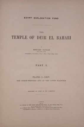 Deir el-Bahari, complete set of 7 volumes: Introduction volume: its plan, its founders and its first explorers. Part I (Pl. I-XXIV): The North-Western end of the upper platform. Part II (Pl. XXV-LV): The ebony shrine. Northern half of the middle platform. Part III (Pl. LVI-LXXXVI): End of northern half and southern half of the middle platform. Part IV (Pl. LXXXVII-CXVIII): The shrine of Hathor and the southern hall of offerings. Part V (Pl. CXIX-CL): The upper court and sanctuary. Part VI (Pl. CLI-CLXXIV): The lower terrace, additions and plans.[newline]M1197-08.jpg