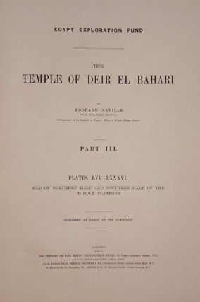 Deir el-Bahari, complete set of 7 volumes: Introduction volume: its plan, its founders and its first explorers. Part I (Pl. I-XXIV): The North-Western end of the upper platform. Part II (Pl. XXV-LV): The ebony shrine. Northern half of the middle platform. Part III (Pl. LVI-LXXXVI): End of northern half and southern half of the middle platform. Part IV (Pl. LXXXVII-CXVIII): The shrine of Hathor and the southern hall of offerings. Part V (Pl. CXIX-CL): The upper court and sanctuary. Part VI (Pl. CLI-CLXXIV): The lower terrace, additions and plans.[newline]M1197-19.jpg