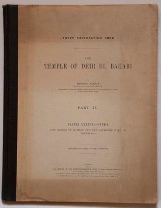 Deir el-Bahari, complete set of 7 volumes: Introduction volume: its plan, its founders and its first explorers. Part I (Pl. I-XXIV): The North-Western end of the upper platform. Part II (Pl. XXV-LV): The ebony shrine. Northern half of the middle platform. Part III (Pl. LVI-LXXXVI): End of northern half and southern half of the middle platform. Part IV (Pl. LXXXVII-CXVIII): The shrine of Hathor and the southern hall of offerings. Part V (Pl. CXIX-CL): The upper court and sanctuary. Part VI (Pl. CLI-CLXXIV): The lower terrace, additions and plans.[newline]M1197-24.jpg