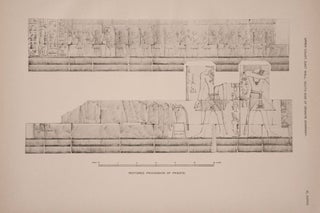 Deir el-Bahari, complete set of 7 volumes: Introduction volume: its plan, its founders and its first explorers. Part I (Pl. I-XXIV): The North-Western end of the upper platform. Part II (Pl. XXV-LV): The ebony shrine. Northern half of the middle platform. Part III (Pl. LVI-LXXXVI): End of northern half and southern half of the middle platform. Part IV (Pl. LXXXVII-CXVIII): The shrine of Hathor and the southern hall of offerings. Part V (Pl. CXIX-CL): The upper court and sanctuary. Part VI (Pl. CLI-CLXXIV): The lower terrace, additions and plans.[newline]M1197-32.jpg