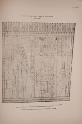 Deir el-Bahari, complete set of 7 volumes: Introduction volume: its plan, its founders and its first explorers. Part I (Pl. I-XXIV): The North-Western end of the upper platform. Part II (Pl. XXV-LV): The ebony shrine. Northern half of the middle platform. Part III (Pl. LVI-LXXXVI): End of northern half and southern half of the middle platform. Part IV (Pl. LXXXVII-CXVIII): The shrine of Hathor and the southern hall of offerings. Part V (Pl. CXIX-CL): The upper court and sanctuary. Part VI (Pl. CLI-CLXXIV): The lower terrace, additions and plans.[newline]M1197-33.jpg