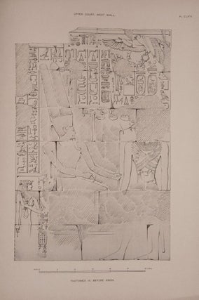 Deir el-Bahari, complete set of 7 volumes: Introduction volume: its plan, its founders and its first explorers. Part I (Pl. I-XXIV): The North-Western end of the upper platform. Part II (Pl. XXV-LV): The ebony shrine. Northern half of the middle platform. Part III (Pl. LVI-LXXXVI): End of northern half and southern half of the middle platform. Part IV (Pl. LXXXVII-CXVIII): The shrine of Hathor and the southern hall of offerings. Part V (Pl. CXIX-CL): The upper court and sanctuary. Part VI (Pl. CLI-CLXXIV): The lower terrace, additions and plans.[newline]M1197-38.jpg