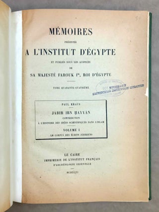 Jabir ibn Hayyan. Contribution &agrave; l'histoire des id&eacute;es scientifiques dans l'Islam. Tome I: Le corpus des &eacute;crits jabiriens. Tome II: Jabir et la science grecque (complete set)[newline]M12033-01.jpeg