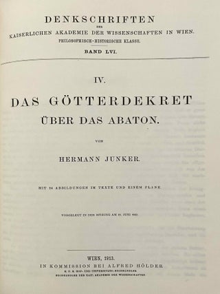 Die Onurislegende, with: Die Stundenwachen in den Osirismysterien nach den Inschriften von Dendera, Edfu und Philae, with: Das G&ouml;tterdekret &uuml;ber das Abaton. 3 titles bound in one.[newline]M12219-14.jpeg