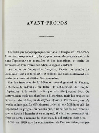 Denderah. Description g&eacute;n&eacute;rale du grand temple de cette ville. Vol. I-II: Int&eacute;rieur du temple. Vol. III-IV: Cryptes. Terrasses. Vol. V: Suppl&eacute;ment aux planches. Volume VI: Texte (complete set)[newline]M12373a-04.jpeg