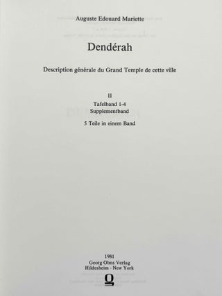 Denderah. Description g&eacute;n&eacute;rale du grand temple de cette ville. Vol. I-II: Int&eacute;rieur du temple. Vol. III-IV: Cryptes. Terrasses. Vol. V: Suppl&eacute;ment aux planches. Volume VI: Texte (complete set)[newline]M12373a-12.jpeg